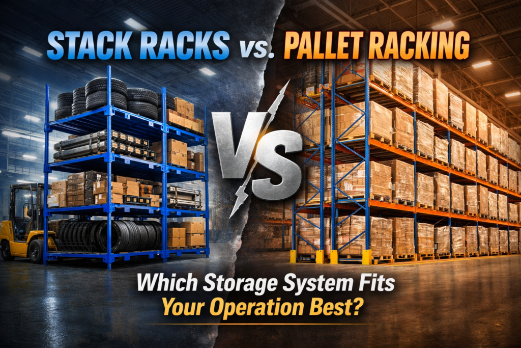 Stack racks vs. pallet racking comparison showing portable stack racks on the left and fixed pallet racking systems on the right in a warehouse