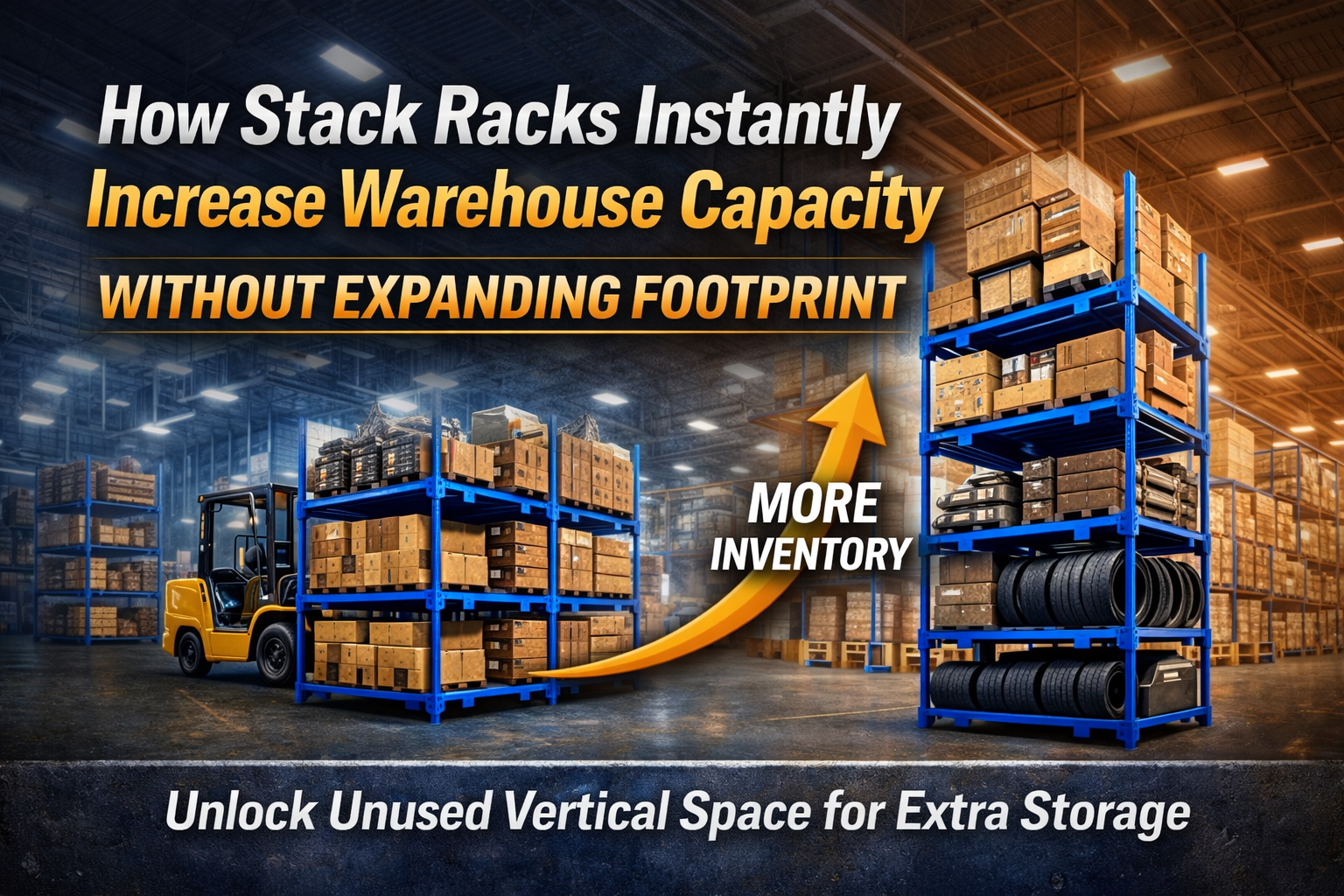 Stack racks increasing warehouse storage capacity by using vertical space without expanding floor footprint