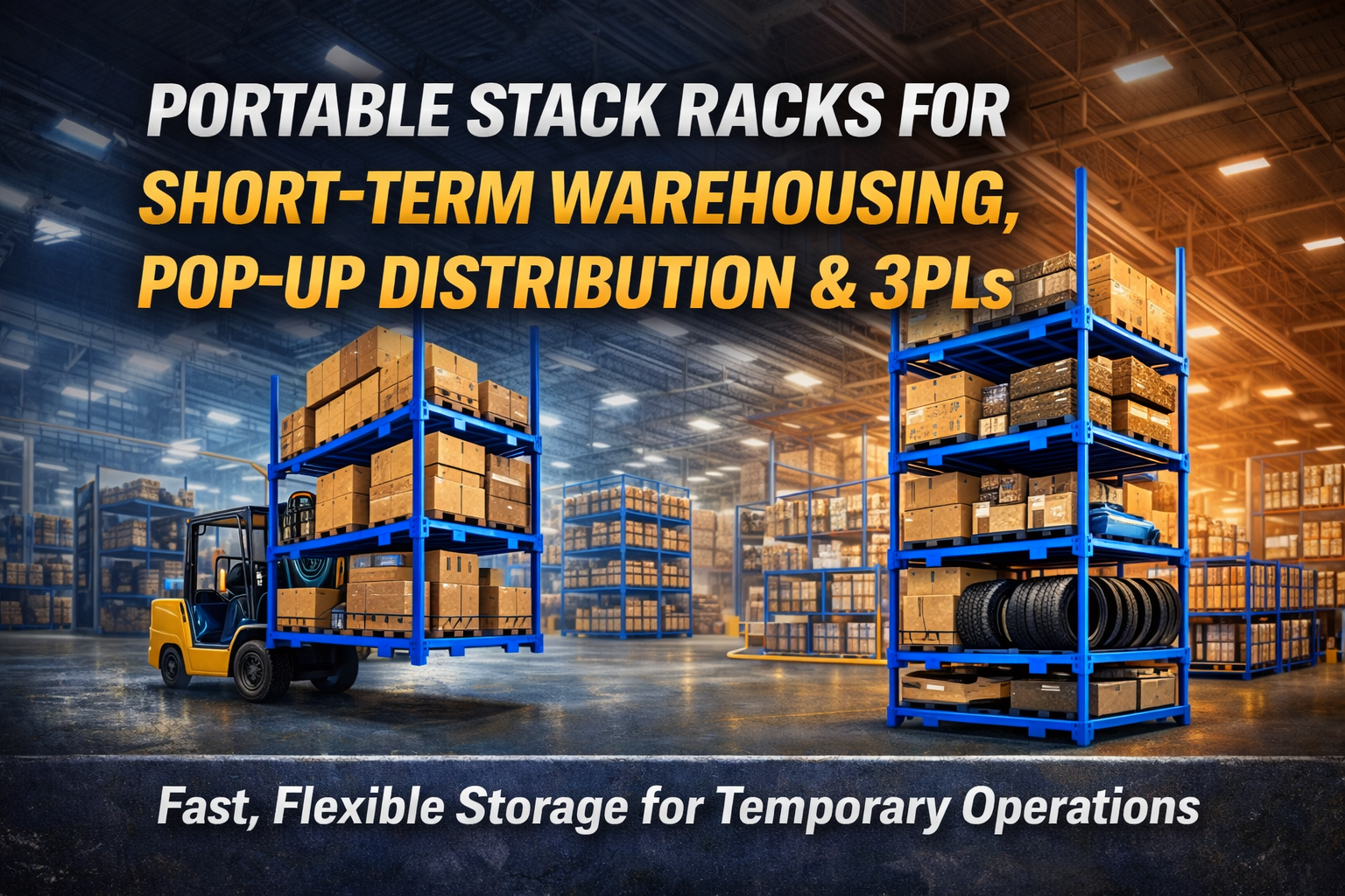 Portable stack racks used in a 3PL warehouse for short-term storage, pop-up distribution, and flexible client inventory handling