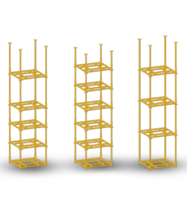 Storage Of Unused Stacking Racks Storage of unused stacking racks is simple. The posts or end frames may be removed and placed on the bases and the bases may then be stacked together for economy of space.